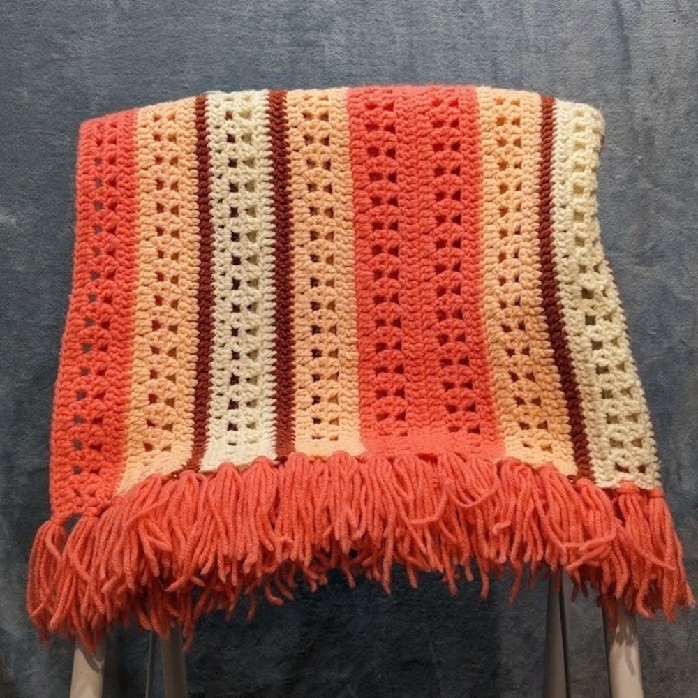 Vintage Handmade Crochet Afghan Throw Blanket Striped Coral Peach Cream 50x36